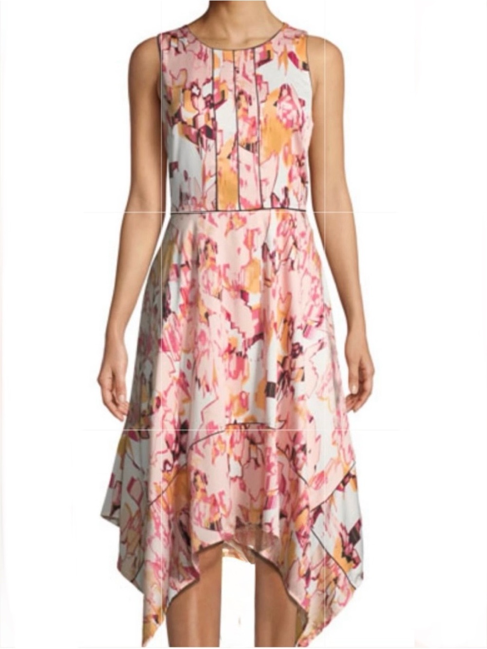 Donna Karan Pink and Yellow Abstract High-Low Dress. Size L